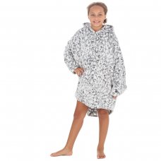 18C859: Girls Snow Leopard Embossed Oversized  Plush Hoodie (One Size - 7-13 Years)